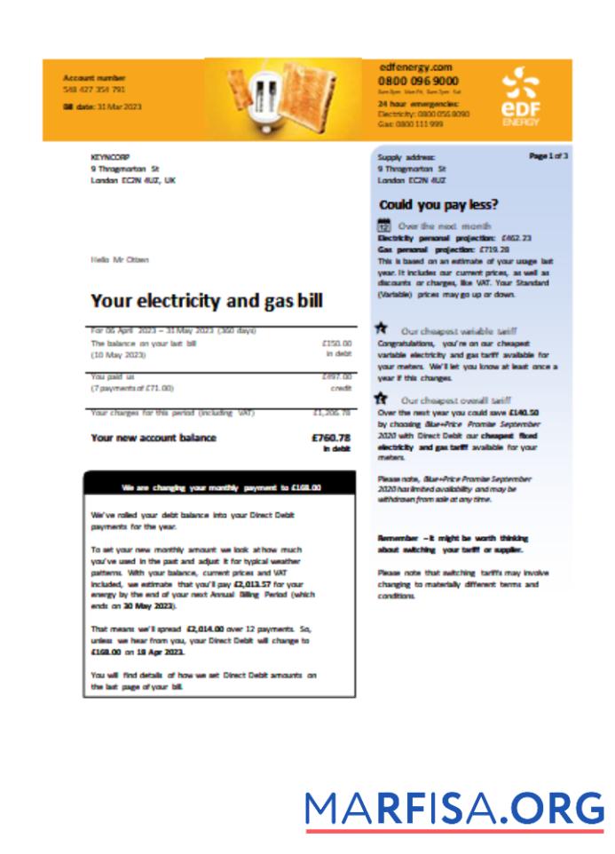 Realistic EDF (UK) utility business bill SCR page 1 real example